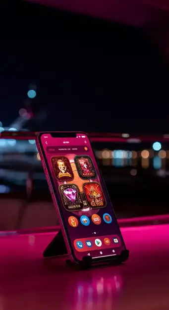 Smartphone mit geöffneter Gizbo Casino App, die verschiedene Spielautomaten und Boni anzeigt